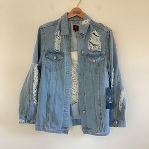 Boom Boom Distressed Torn Moto Jean Denim Trucker Jacket Sz L Relaxed Fit NWT
